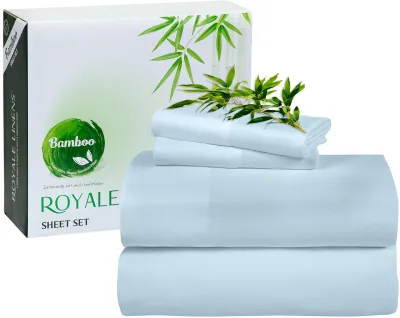 Royale Linen Bamboo Viscose Sheet Set - Cooling Bed Sheet Set - 1 Fitted 1 Flat & 2 Pillowcase - Fits Up to 16" - Organic Viscose Derived from Bamboo - Bedding Sheet &Pillowcase (LakeBlue)