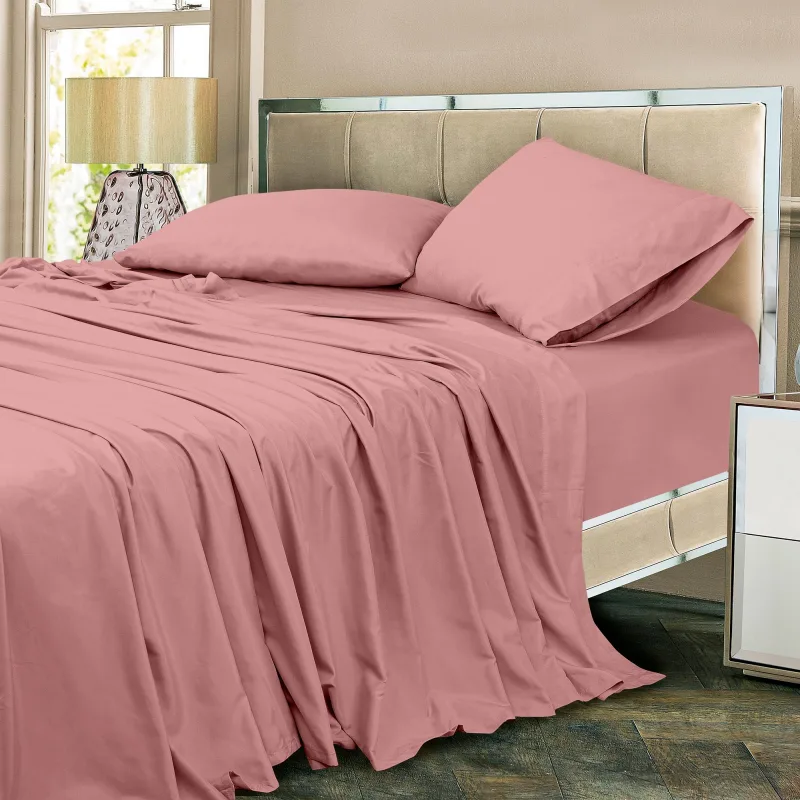 ROYALE LINENS 300 Thread Count 100% Long Staple Combed Cotton Sheet Set - 4 Piece Bed Sheet 1 Fitted Sheet, 1 Flat Sheet, 2 Pillow Case - Breathable, Cool & Crisp Percale Sheet Set ( Pink)