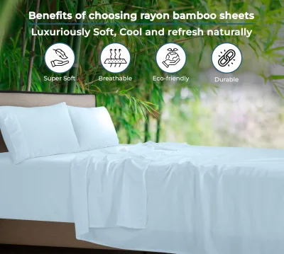Royale Linen Bamboo Viscose Sheet Set - Cooling Bed Sheet Set - 1 Fitted 1 Flat & 2 Pillowcase - Fits Up to 16" - Organic Viscose Derived from Bamboo - Bedding Sheet &Pillowcase (LakeBlue)