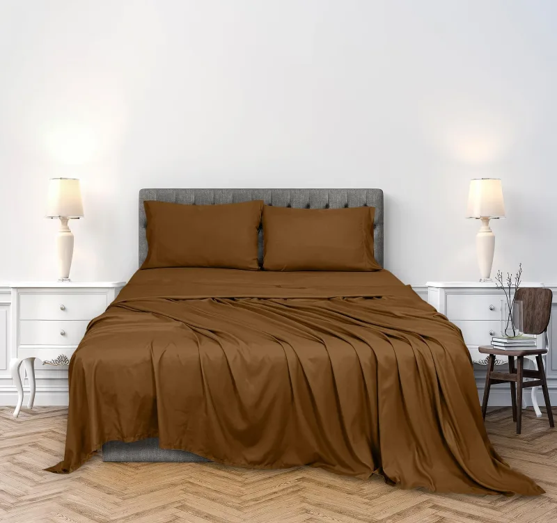 ROYALE LINENS 300 Thread Count 100% Long Staple Combed Cotton Sheet Set - 4 Piece Bed Sheet 1 Fitted Sheet, 1 Flat Sheet, 2 Pillowcases - Breathable, Cool & Crisp Percale Sheet Set (Chocolate)