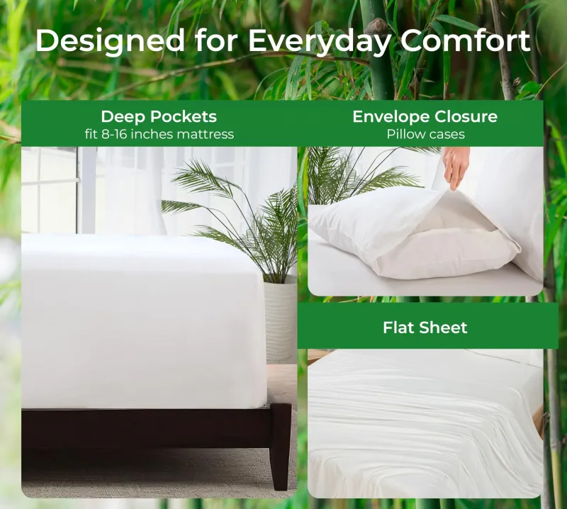 Royale Linen Bamboo Viscose Sheet Set - Cooling Bed Sheet Set - 1 Fitted, 1 Flat & 2 Pillowcase - Fits Up to 16" - Organic Viscose Derived from Bamboo - Bedding Sheet & Pillowcase (White)