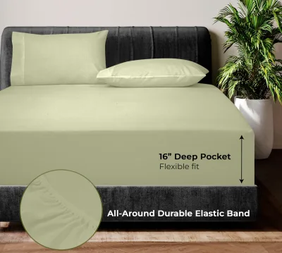 Royale Linen Bamboo Viscose Sheet Set - Cooling Bed Sheet Set - 1 Fitted 1 Flat & 2 Pillowcase - Fits Up to 16 - Organic Viscose Derived from Bamboo - Bedding Sheet &Pillowcase (SageGreen)