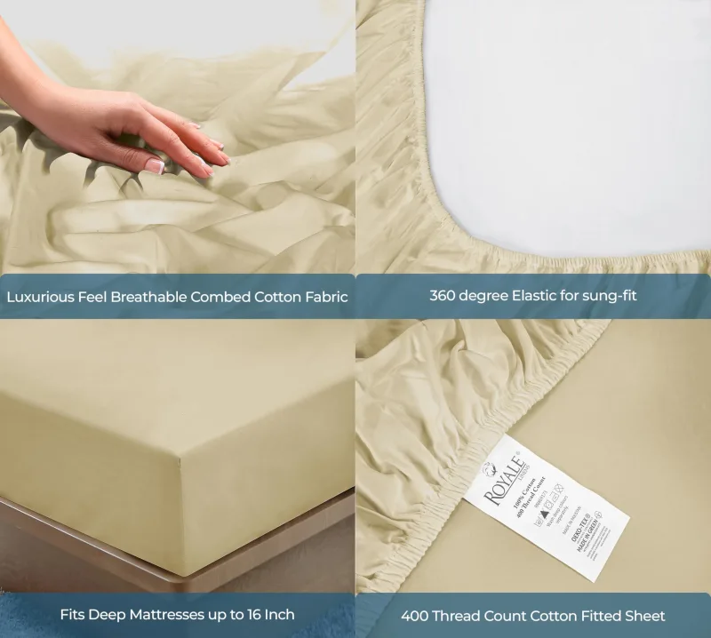 ROYALE LINENS 400 Thread Count 100% American Grown Cotton Fitted Sheet - All Around Elastic Fitted Sheet - Luxury Sateen Weave - Snug Fit Bottom Sheet Fit Up to 16" (Moroccan Sand)