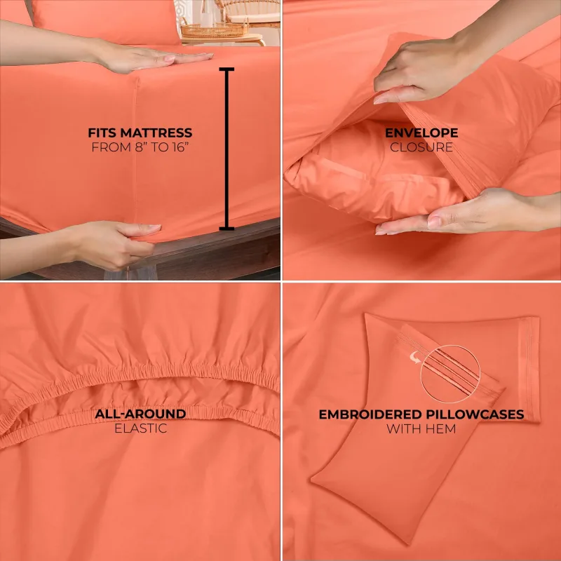 ROYALE LINENS - 4 Piece Bed Sheet - Soft Brushed Microfiber 1800 Bedding Set - 1 Fitted Sheet, 1 Flat Sheet, 2 Pillow case - Wrinkle & Fade Resistant Luxury Sheet Set (Coral)