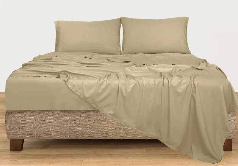 ROYALE LINENS 300 Thread Count 100% Long Staple Combed Cotton Sheet Set - 4 Piece Bed Sheet 1 Fitted Sheet, 1 Flat Sheet, 2 Pillow case - Breathable, Cool & Crisp Percale Sheet Set (Beige)