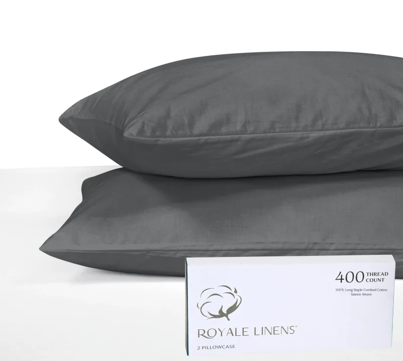 Royale Linens 400-trådet 100% amerikansk dyrket bomuld pudebetrækssæt - Luksuriøst satin pudebetræk - 20"x30" tommer - Blødt og glat sæt med 2 grå pudebetræk - (Spanish Slate)